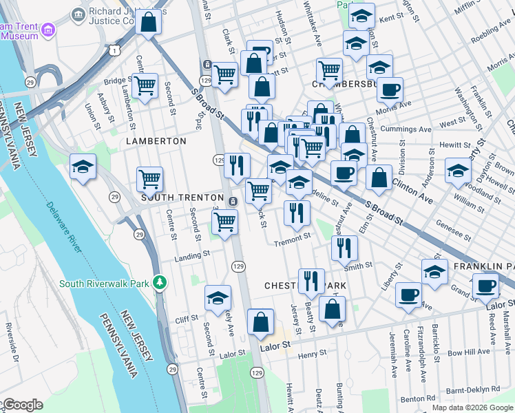 map of restaurants, bars, coffee shops, grocery stores, and more near 117 Hancock Street in Trenton