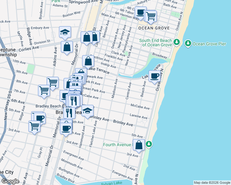 map of restaurants, bars, coffee shops, grocery stores, and more near 314 McCabe Avenue in Bradley Beach