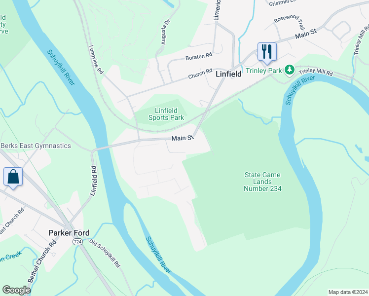 map of restaurants, bars, coffee shops, grocery stores, and more near 45 Sacco Road in Linfield