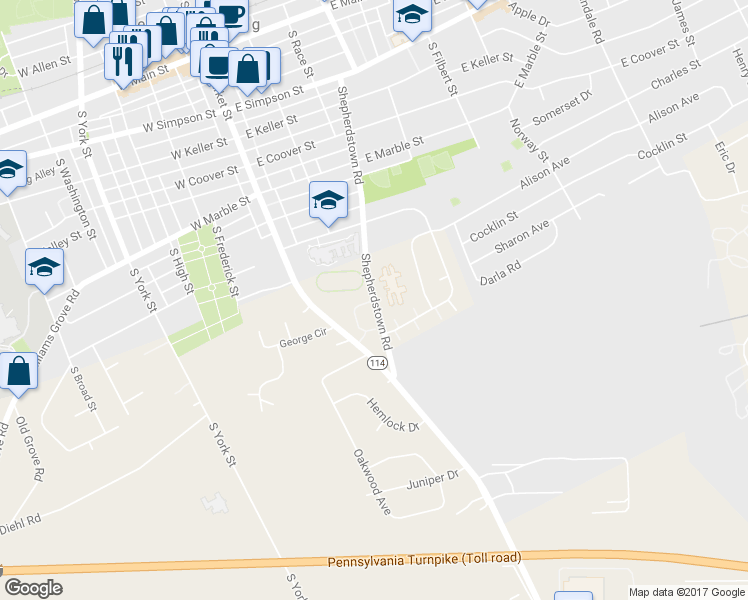 map of restaurants, bars, coffee shops, grocery stores, and more near 2 Southpoint Drive in Mechanicsburg