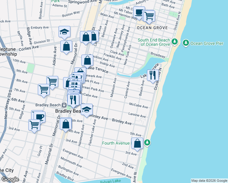 map of restaurants, bars, coffee shops, grocery stores, and more near 314 McCabe Avenue in Bradley Beach