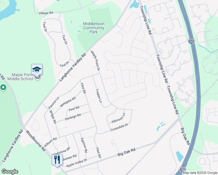 map of restaurants, bars, coffee shops, grocery stores, and more near 58 Dilworth Lane in Langhorne