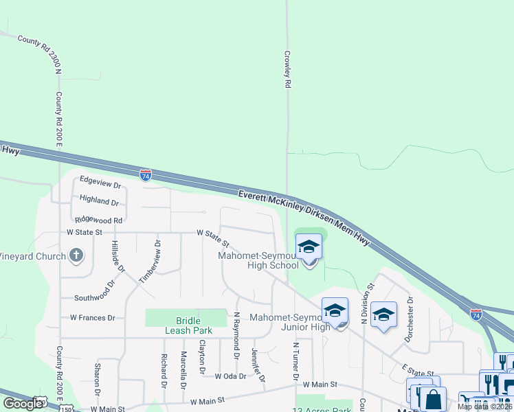 map of restaurants, bars, coffee shops, grocery stores, and more near 905 Cedar Ridge Court in Mahomet