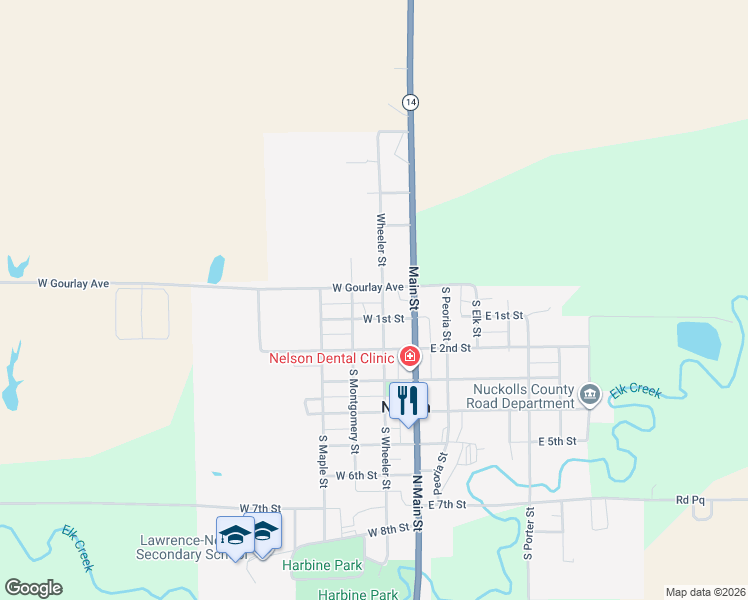 map of restaurants, bars, coffee shops, grocery stores, and more near 115 West 1st Street in Nelson
