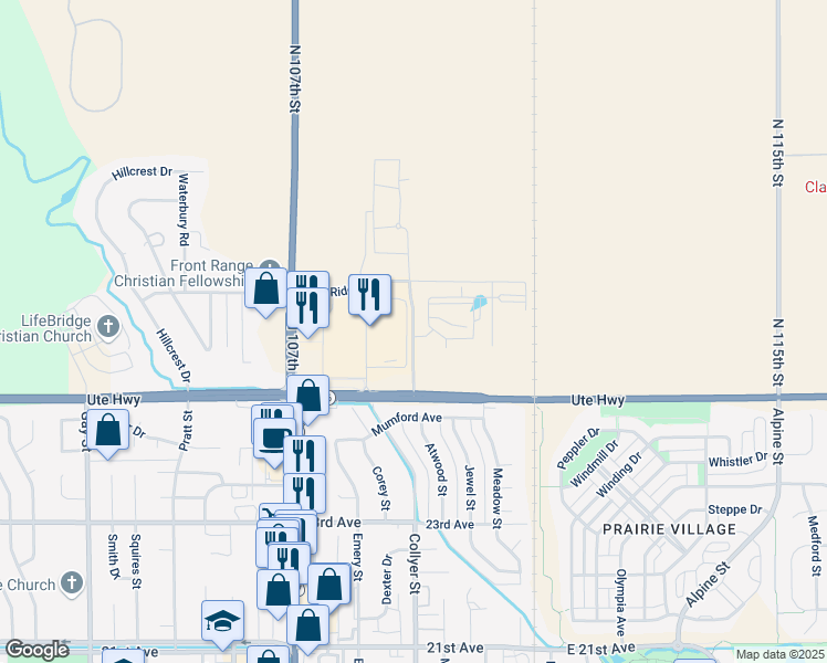 map of restaurants, bars, coffee shops, grocery stores, and more near Erfert Street in Longmont