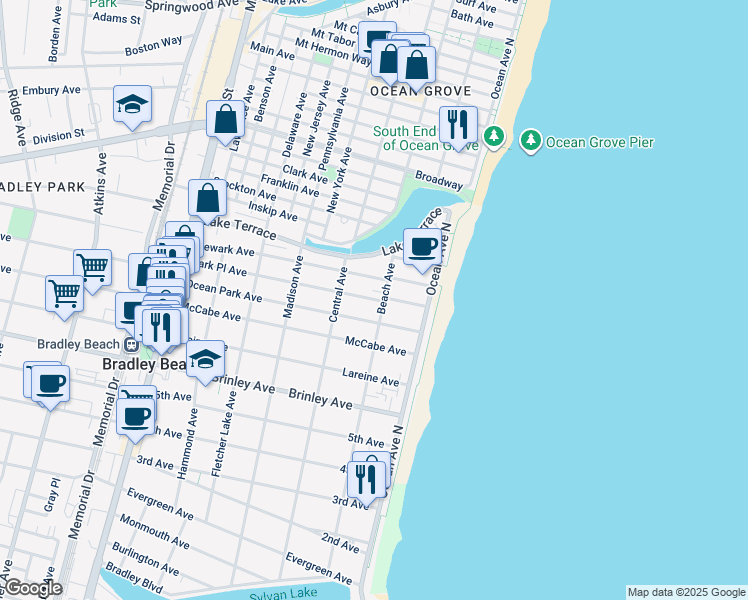 map of restaurants, bars, coffee shops, grocery stores, and more near 809 Beach Avenue in Bradley Beach