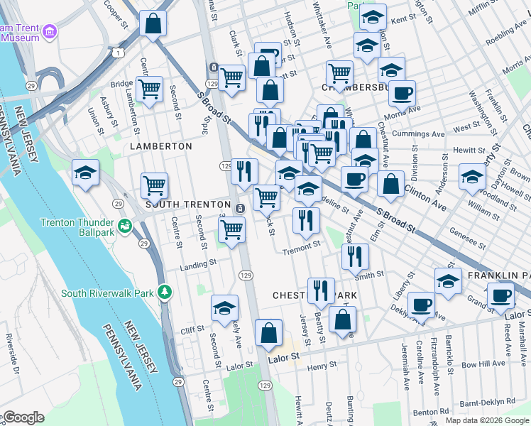 map of restaurants, bars, coffee shops, grocery stores, and more near 117 Hancock Street in Trenton