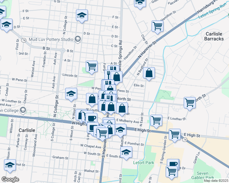 map of restaurants, bars, coffee shops, grocery stores, and more near 163 North Hanover Street in Carlisle