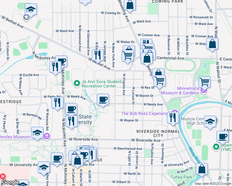map of restaurants, bars, coffee shops, grocery stores, and more near in Muncie