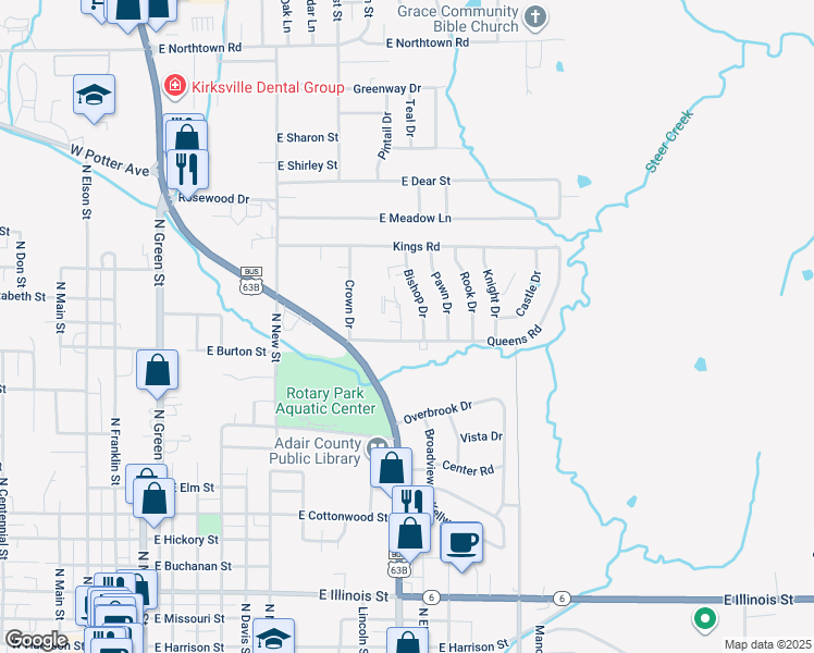 map of restaurants, bars, coffee shops, grocery stores, and more near 1290-1402 Queens Road in Kirksville