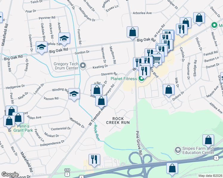 map of restaurants, bars, coffee shops, grocery stores, and more near 2 West Trenton Avenue in Morrisville