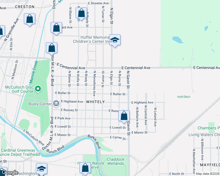 map of restaurants, bars, coffee shops, grocery stores, and more near 1915 East Butler Street in Muncie
