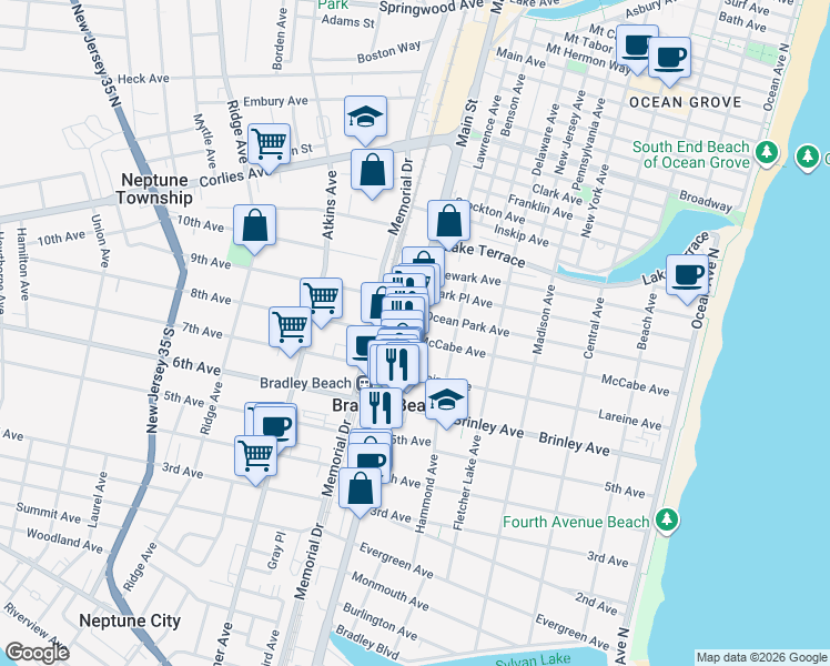 map of restaurants, bars, coffee shops, grocery stores, and more near 708 Main Street in Bradley Beach