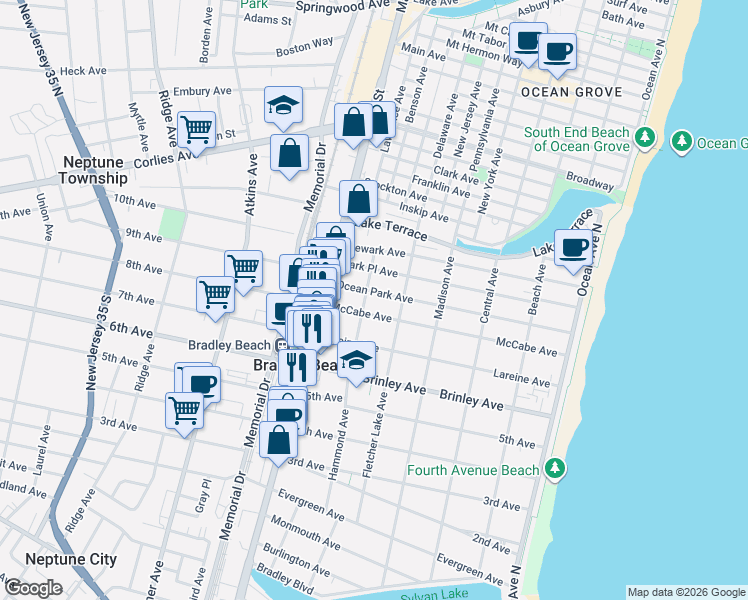map of restaurants, bars, coffee shops, grocery stores, and more near 505 McCabe Avenue in Bradley Beach