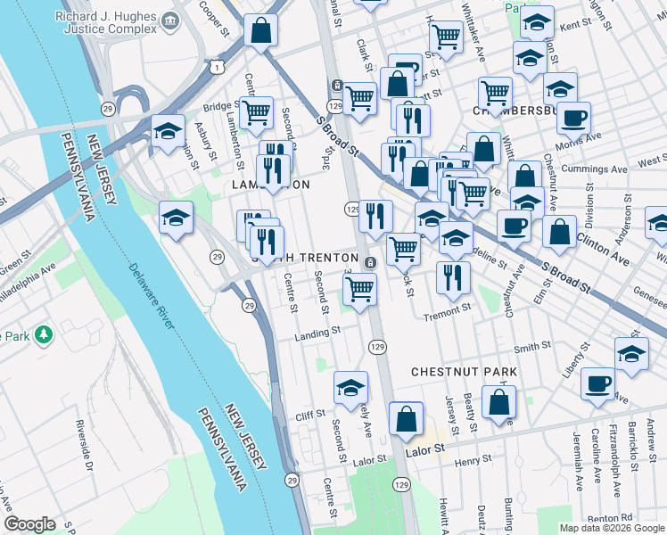 map of restaurants, bars, coffee shops, grocery stores, and more near 241 3rd Street in Trenton