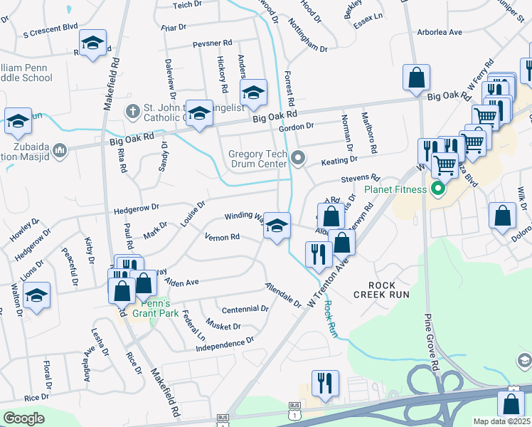 map of restaurants, bars, coffee shops, grocery stores, and more near 232 Winding Way in Morrisville
