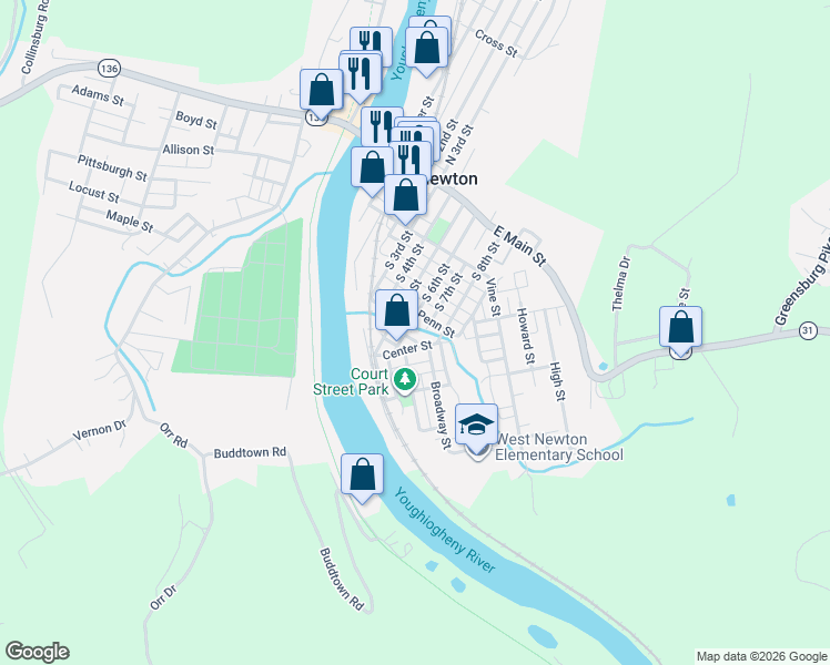 map of restaurants, bars, coffee shops, grocery stores, and more near 106 Broadway Street in West Newton