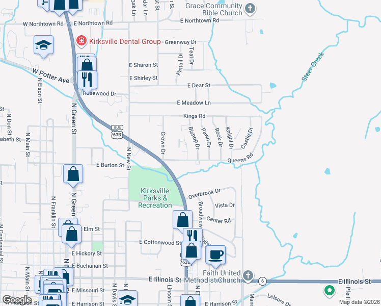 map of restaurants, bars, coffee shops, grocery stores, and more near 1290-1402 Queens Road in Kirksville