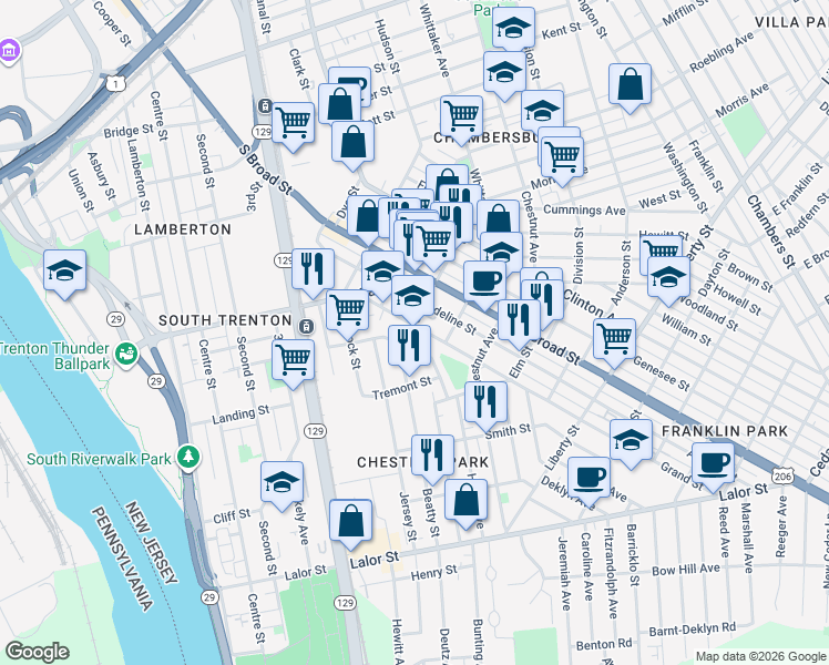 map of restaurants, bars, coffee shops, grocery stores, and more near 105 Grand Street in Trenton