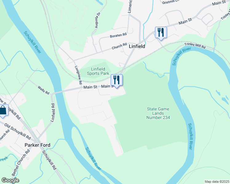 map of restaurants, bars, coffee shops, grocery stores, and more near 1237 Main Street in Linfield