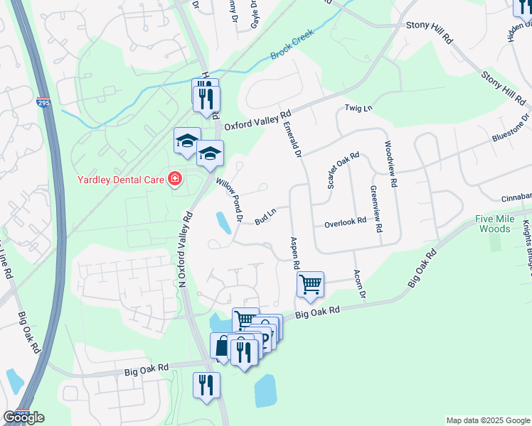 map of restaurants, bars, coffee shops, grocery stores, and more near 1570 Bud Lane in Yardley