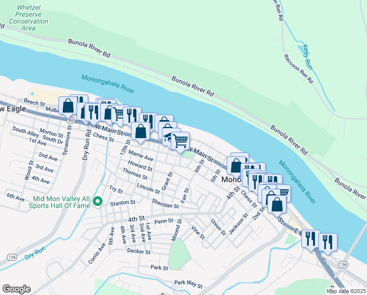 map of restaurants, bars, coffee shops, grocery stores, and more near W Main St & 7th St in Monongahela