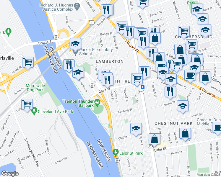 map of restaurants, bars, coffee shops, grocery stores, and more near Cass Street & Hills Place in Trenton
