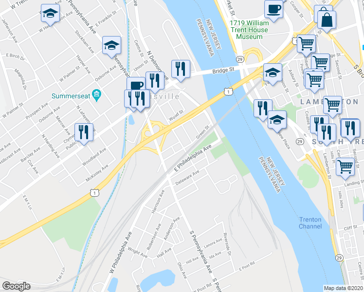 map of restaurants, bars, coffee shops, grocery stores, and more near 487 Washington Street in Morrisville