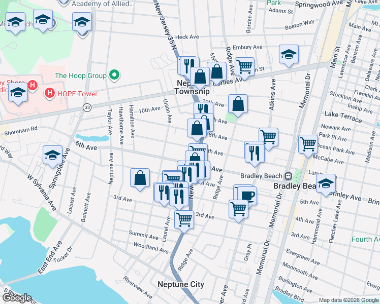 map of restaurants, bars, coffee shops, grocery stores, and more near 505 New Jersey 35 in Neptune City