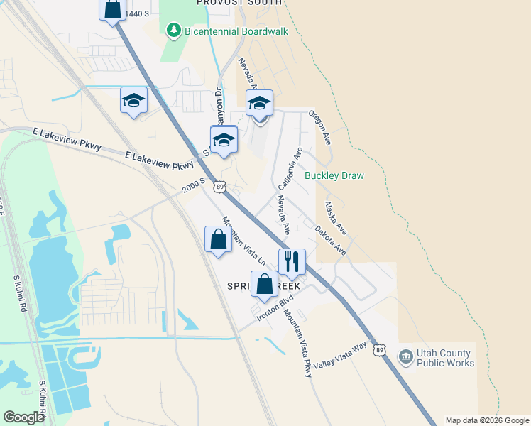 map of restaurants, bars, coffee shops, grocery stores, and more near 2058 California Avenue in Provo