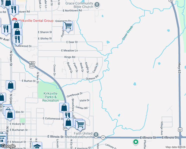 map of restaurants, bars, coffee shops, grocery stores, and more near 1400-1598 Knights Ct in Kirksville