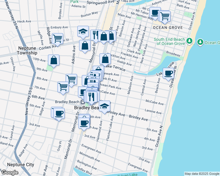 map of restaurants, bars, coffee shops, grocery stores, and more near 511 Park Place Avenue in Bradley Beach