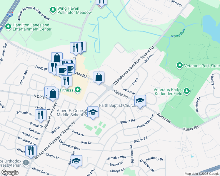 map of restaurants, bars, coffee shops, grocery stores, and more near 1802 Kuser Road in Hamilton Township