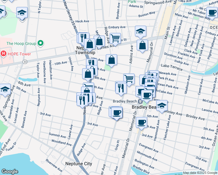 map of restaurants, bars, coffee shops, grocery stores, and more near 1228 8th Avenue in Neptune City