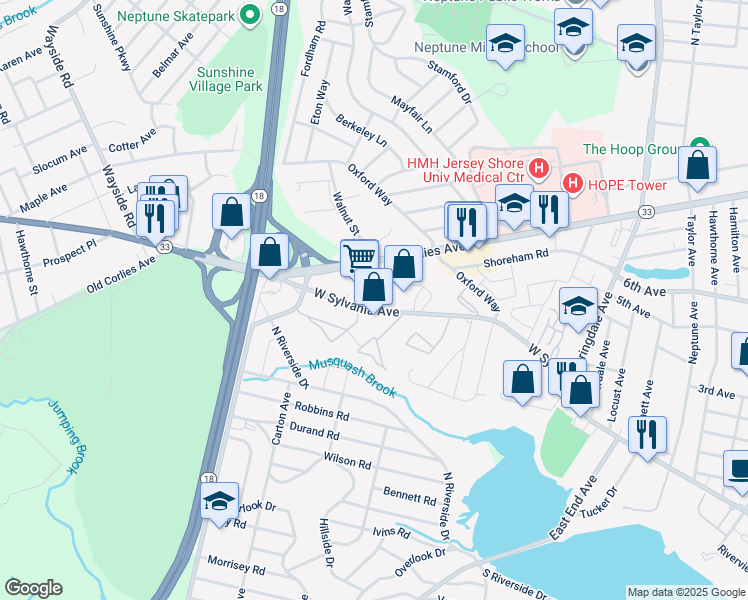 map of restaurants, bars, coffee shops, grocery stores, and more near 2240 State Highway 33 in Neptune Township