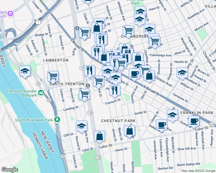 map of restaurants, bars, coffee shops, grocery stores, and more near 22 Grand Street in Trenton