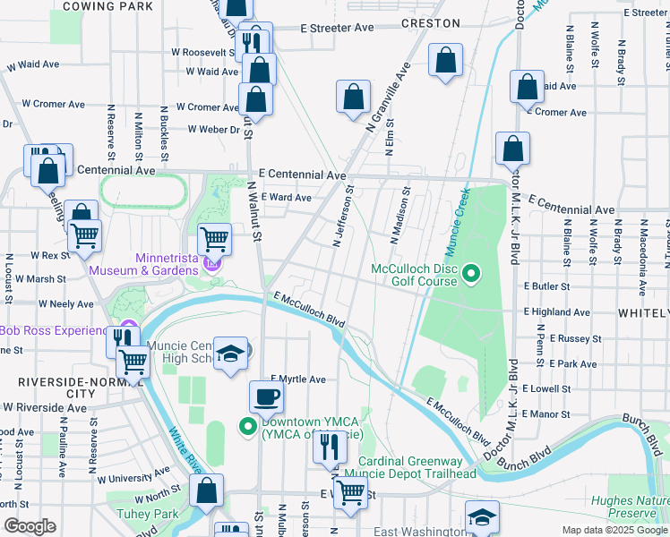 map of restaurants, bars, coffee shops, grocery stores, and more near 1325 North Jefferson Street in Muncie