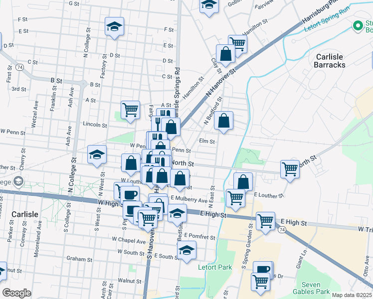 map of restaurants, bars, coffee shops, grocery stores, and more near 2 Noble Avenue in Carlisle