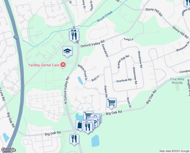 map of restaurants, bars, coffee shops, grocery stores, and more near 1570 Bud Lane in Yardley