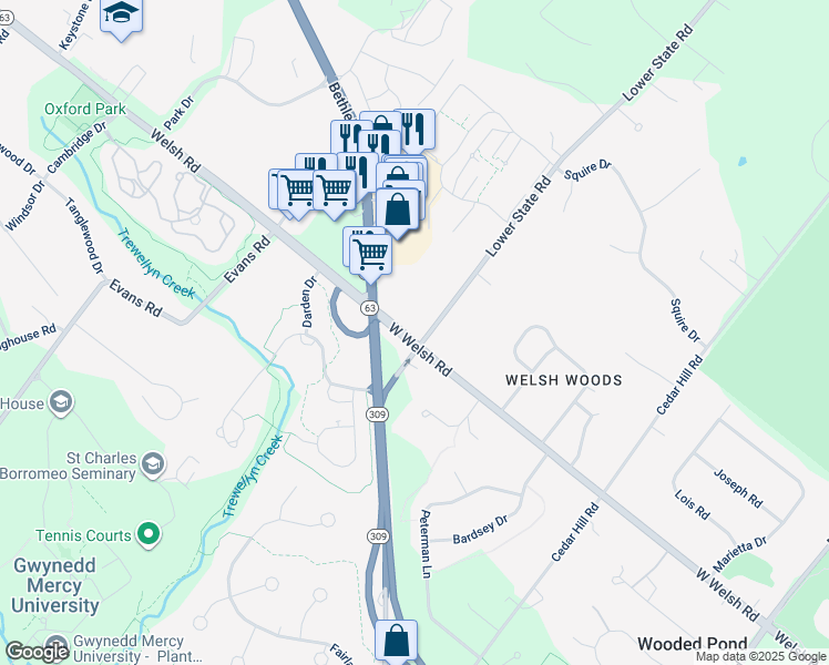 map of restaurants, bars, coffee shops, grocery stores, and more near 736 Lower State Road in North Wales