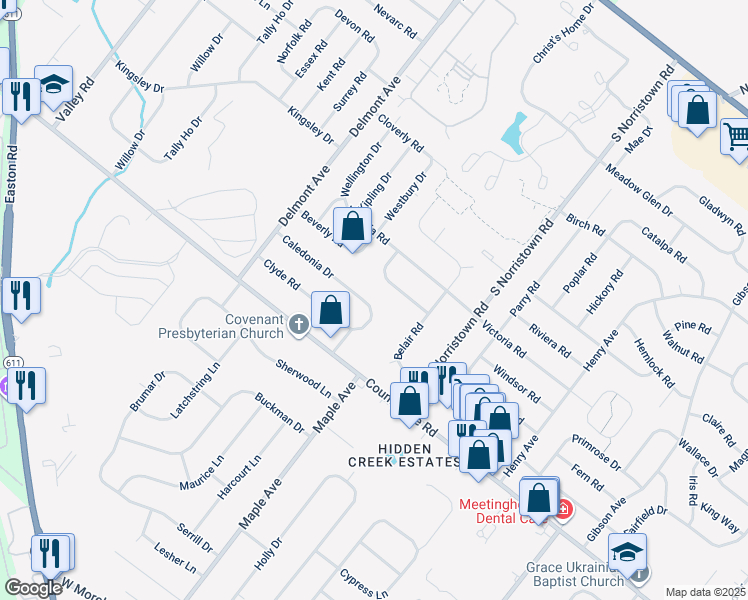 map of restaurants, bars, coffee shops, grocery stores, and more near 1219 Caledonia Drive in Warminster