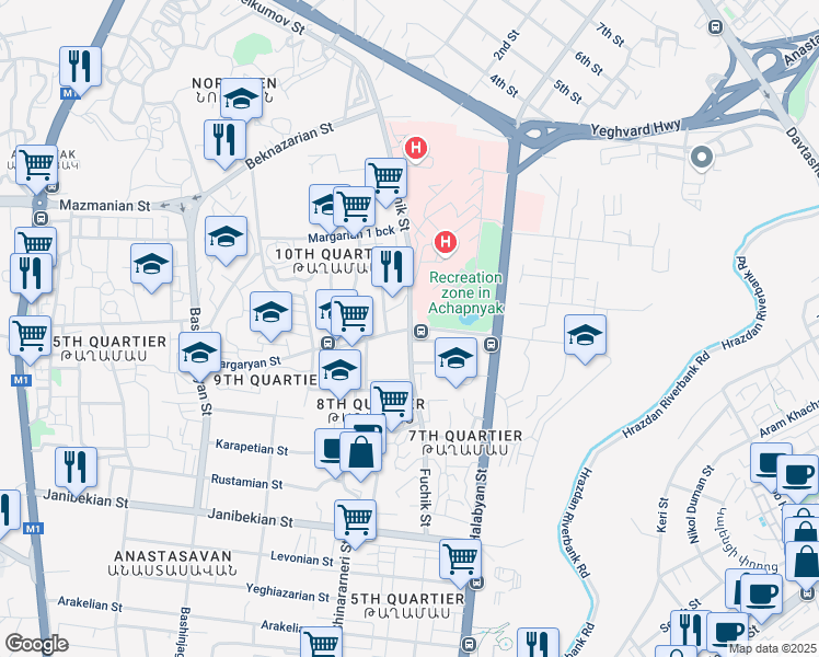 map of restaurants, bars, coffee shops, grocery stores, and more near Fuchik Street in Yerevan