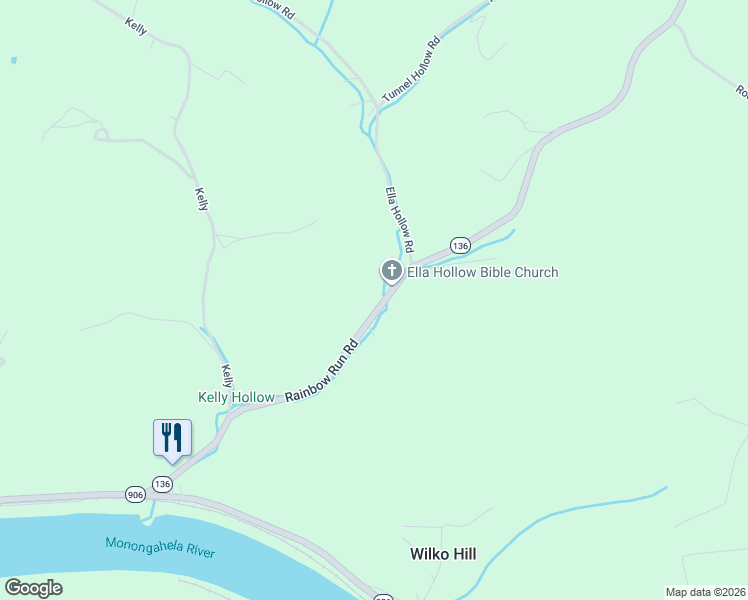 map of restaurants, bars, coffee shops, grocery stores, and more near 3427 Rainbow Run Road in Monongahela