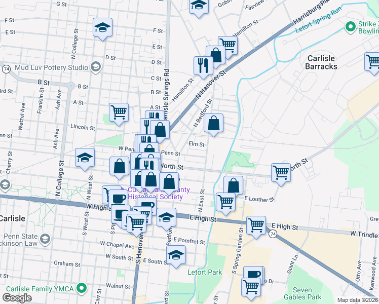 map of restaurants, bars, coffee shops, grocery stores, and more near 402 North Bedford Street in Carlisle