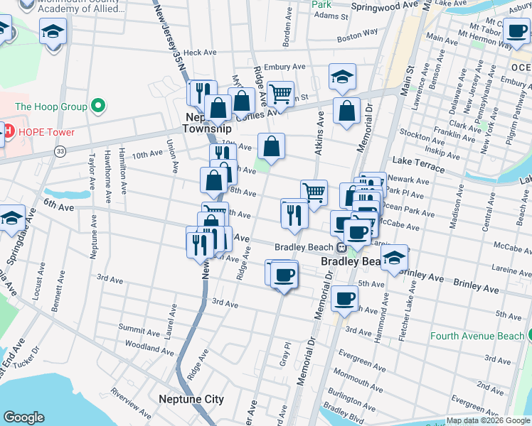 map of restaurants, bars, coffee shops, grocery stores, and more near 1228 8th Avenue in Neptune City