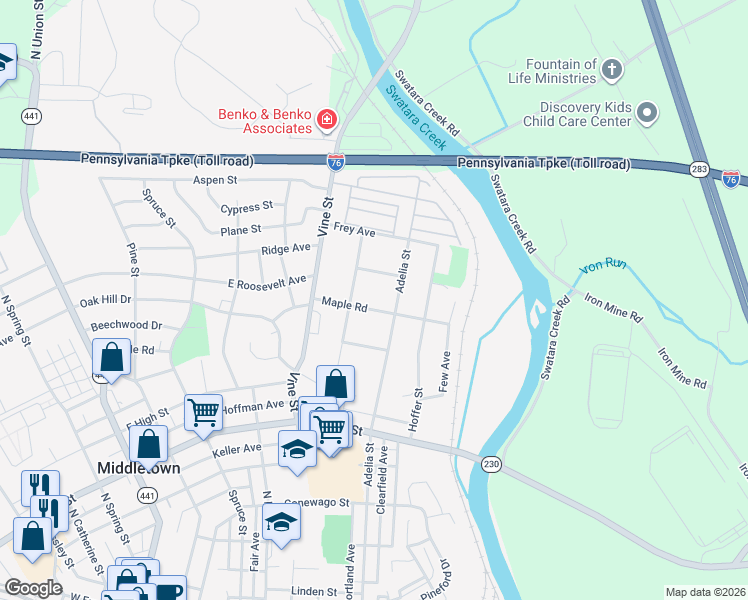 map of restaurants, bars, coffee shops, grocery stores, and more near 520 Laurel Avenue in Middletown
