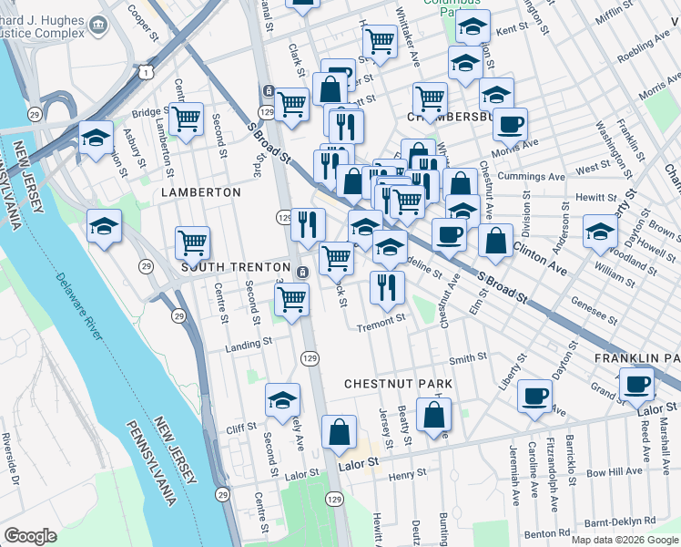 map of restaurants, bars, coffee shops, grocery stores, and more near in Trenton