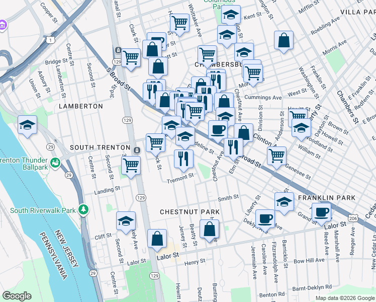 map of restaurants, bars, coffee shops, grocery stores, and more near 105 Grand Street in Trenton
