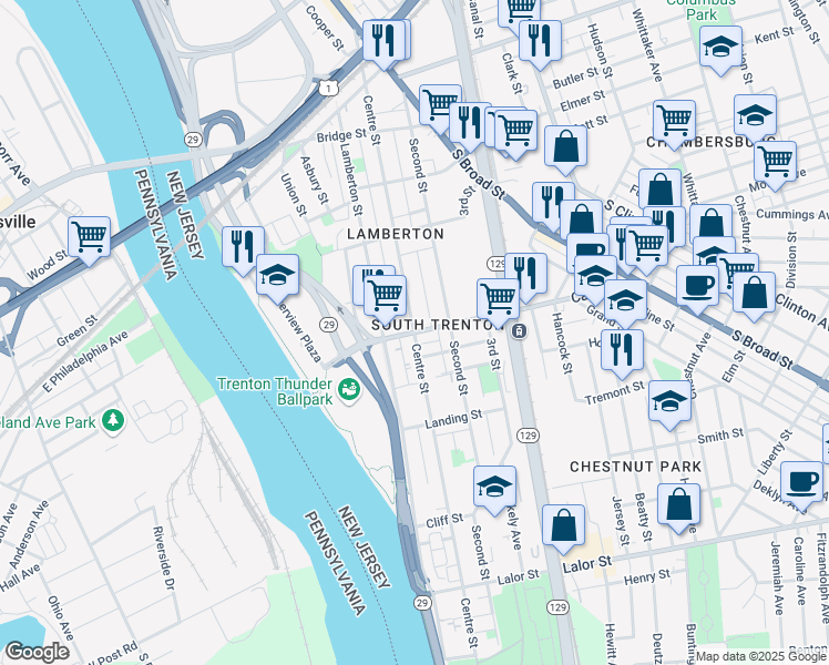 map of restaurants, bars, coffee shops, grocery stores, and more near Cass Street & Centre Street in Trenton