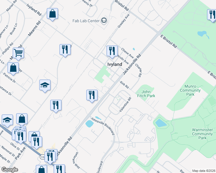 map of restaurants, bars, coffee shops, grocery stores, and more near 32 Willard Avenue in Ivyland